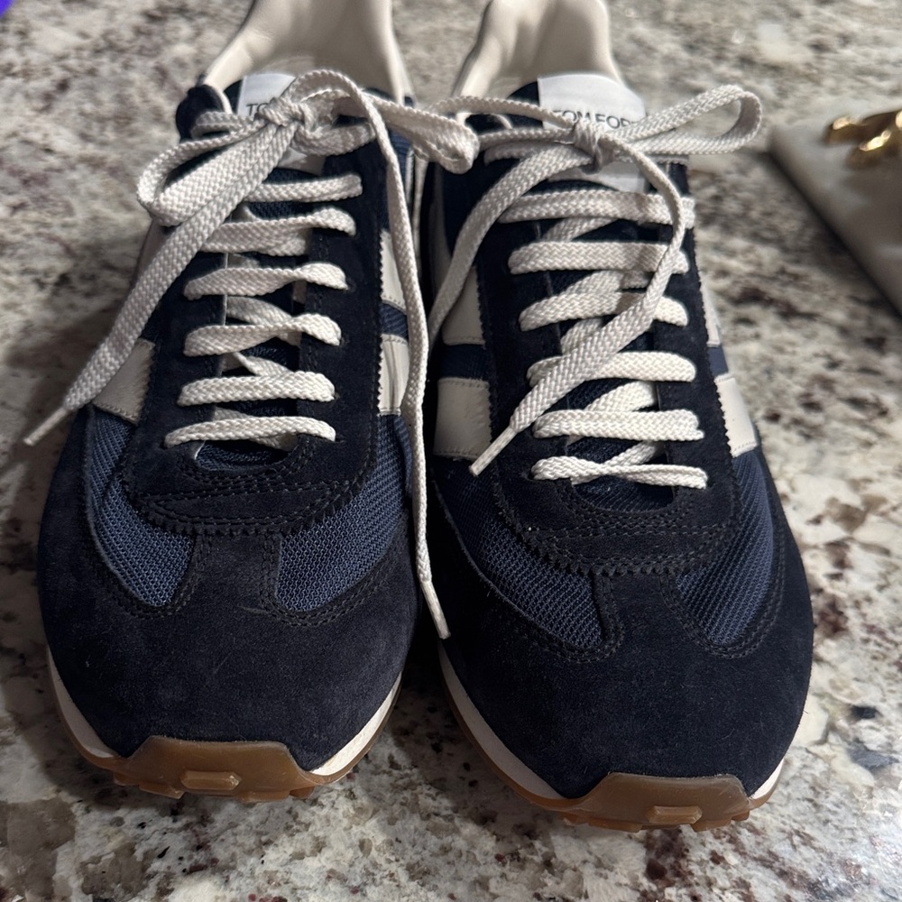 Tom Ford Navy, White and Gum Retro Runner Sneakers